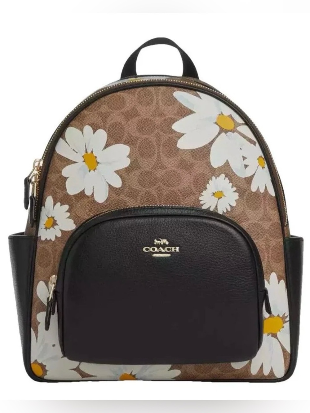 EUC Coach Court Tan Floral Print Signature Coated Canvas & Leather Backpack